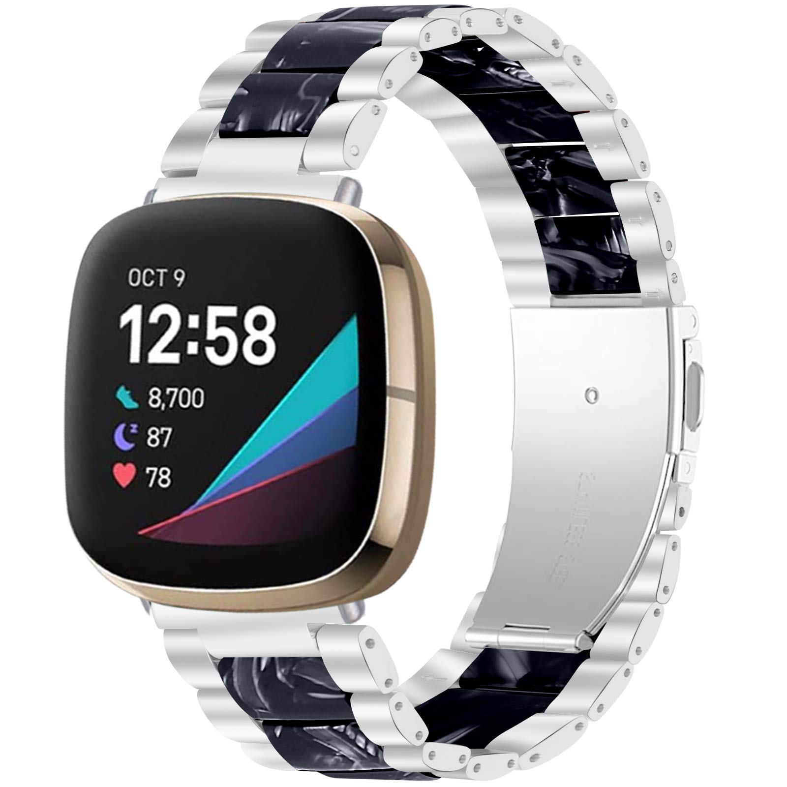 Jennyfly Versa 3 Watch Band, Women Fashion Comfortable Resin Replacement Wristband with Metal Stainless Steel Buckle Adjustable 5.5-7.87 inch Compatible with Fitbit Sense/Versa 3