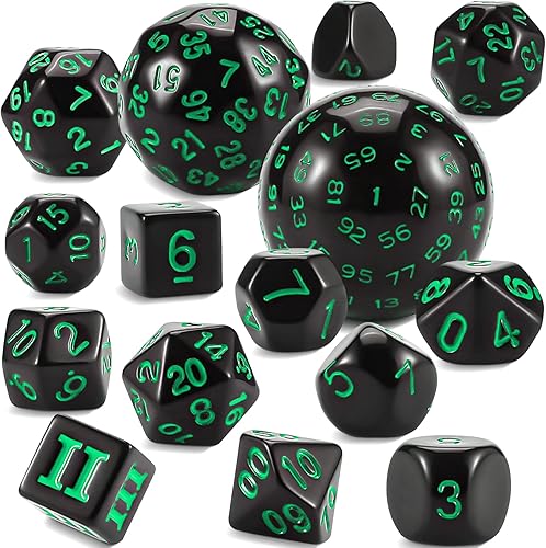 CiaraQ DND - Juego de dados poliédricos (15 piezas) D3-D100 dados de juego con bolsa de dados para juegos de rol de Calabozos y Dragones (negro y