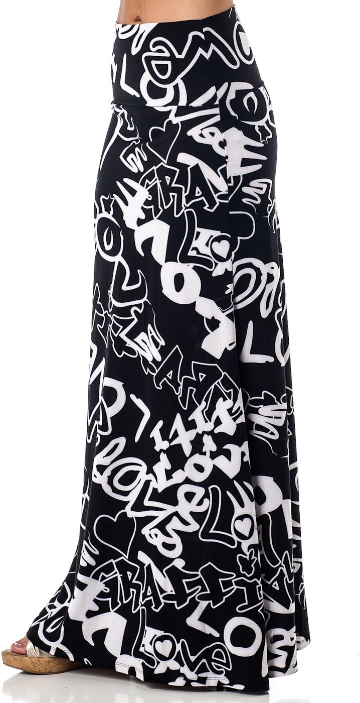 Printed Maxi Length A-line Skirt with Rollover Waist