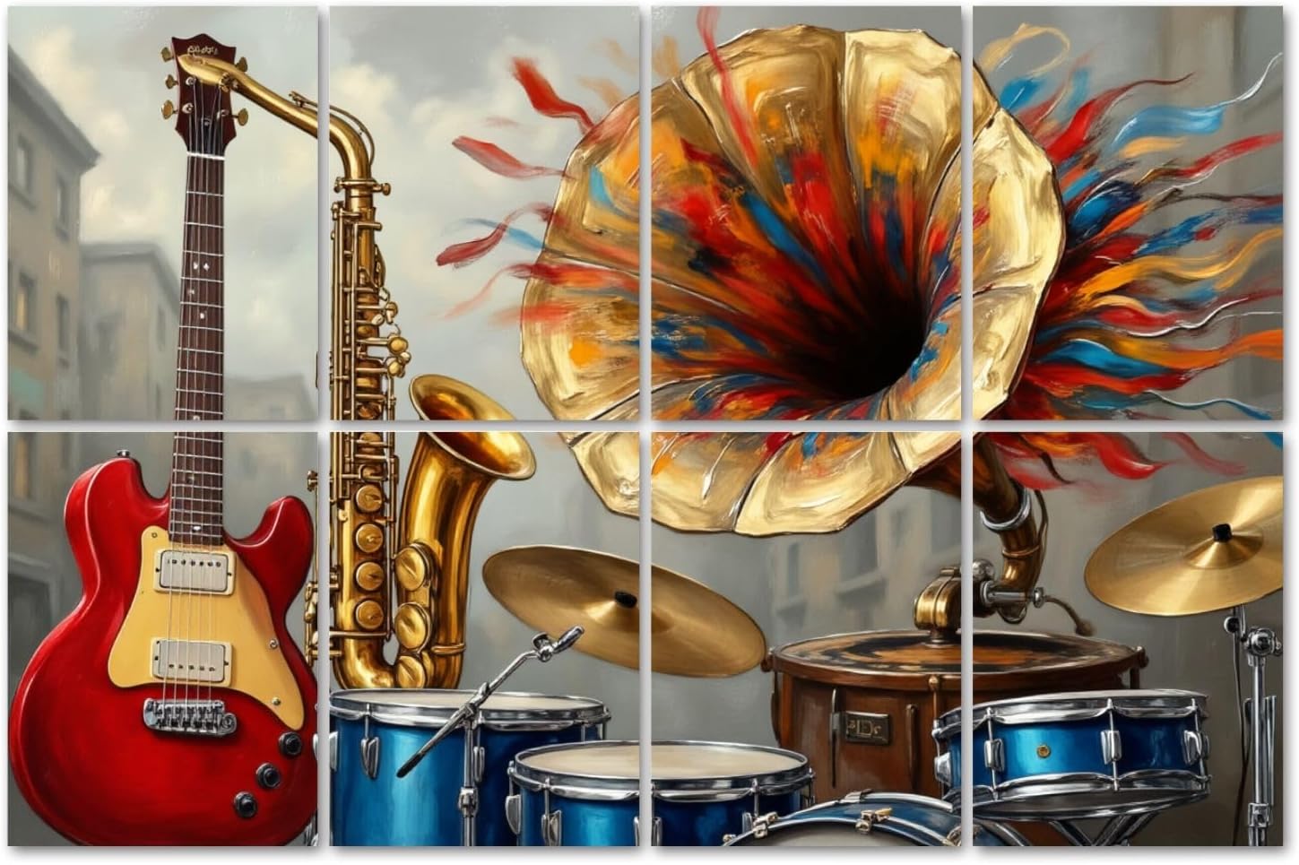 8 Pack Art Acoustic Panels Sound Absorbing Vintage Gramophone Musical Instruments Colorful Paint Splash Decorative Soundproof Wall Panels Self Adhesive for Home Recording Studios 48"x32"