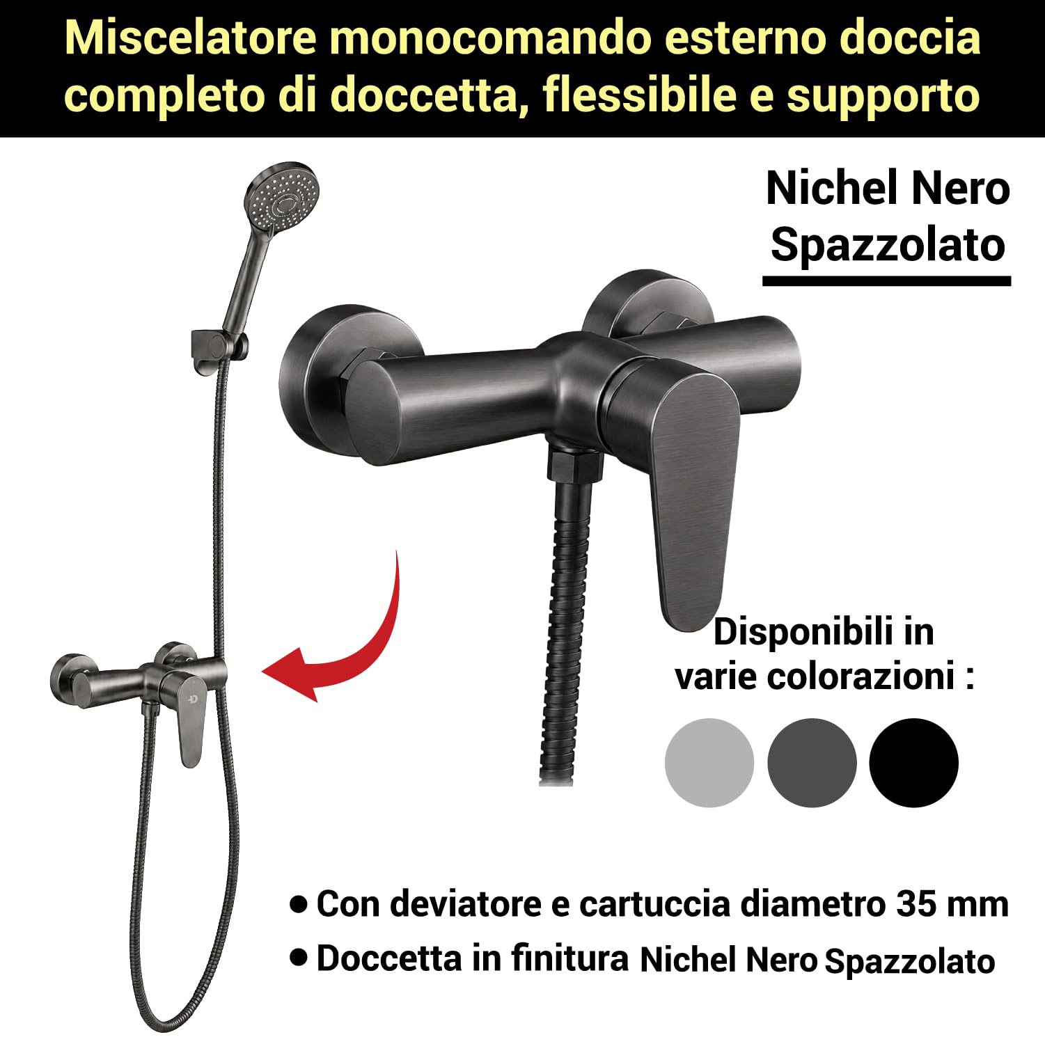 Crisalide® - Miscelatore Doccia Esterno Monocomando in Ottone Massiccio, Rubinetto Nero Opaco con Doccetta, Flessibile e Supporto a Parete