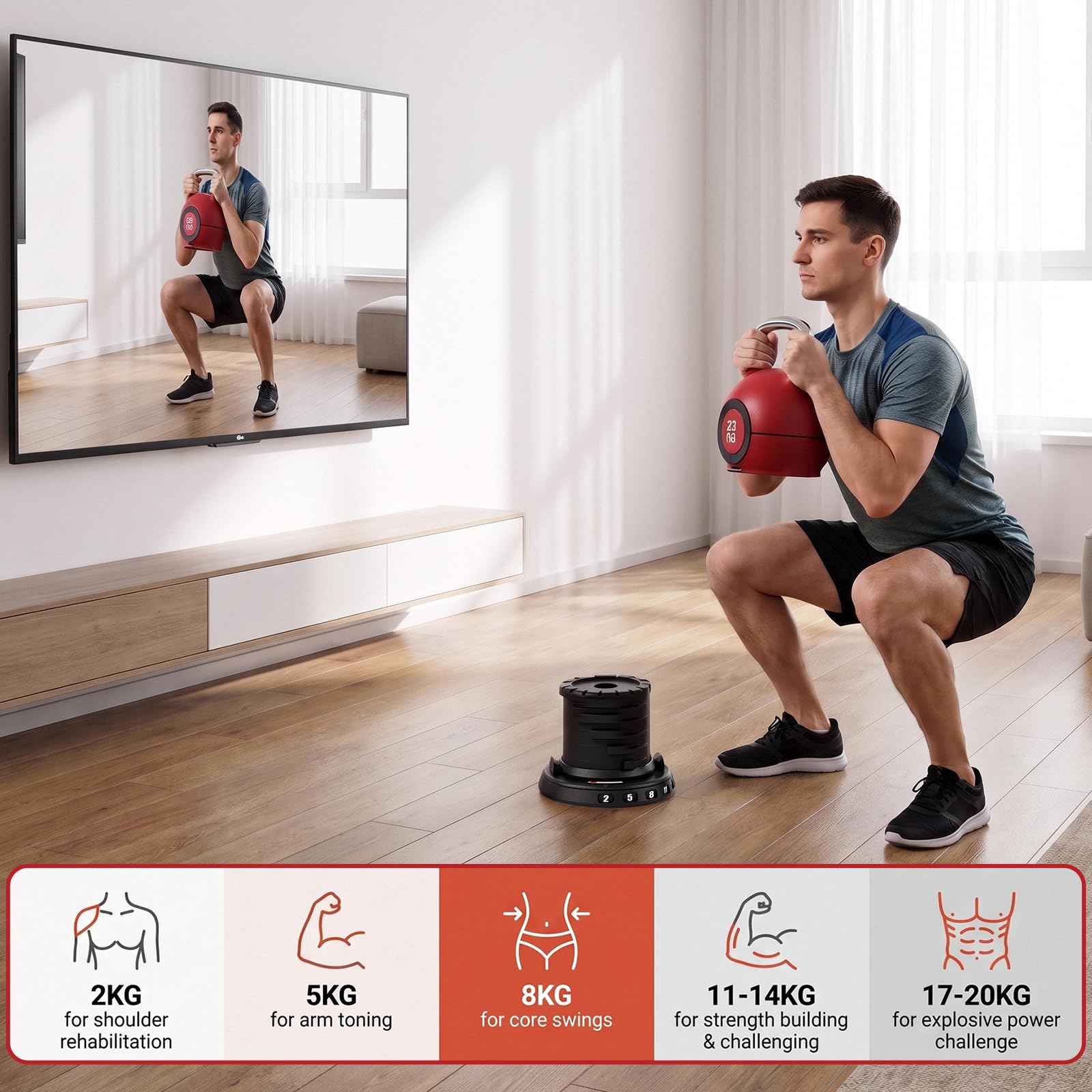 LIFERUN Kettlebell zestaw hantli 7 w 1 | Hantle kulowe do domu na siłownię, zestaw 6 hantli obciążeniowych, sprzęt fitness do domu