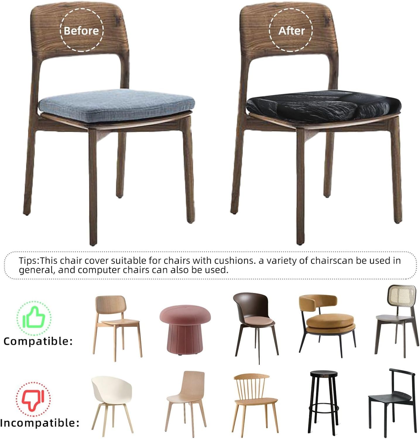 2pcs Stretch Seat Covers Set Black Stone Chair Cover for Dining Room Removable Chair Seat Slipcovers
