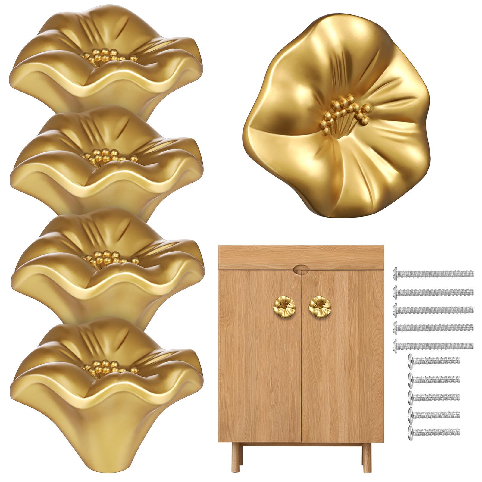 Blumenknöpfe Gold 5 Stück für Schranktüren und Möbel, Zinklegierung