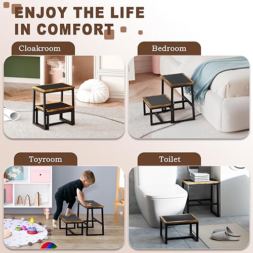 Miniatura 59 de Taburete de escalón para adultos, soporta hasta 500 libras, 3 en 1, resistente taburete de dos pasos para Kichen/baño/camas altas, marco de madera y