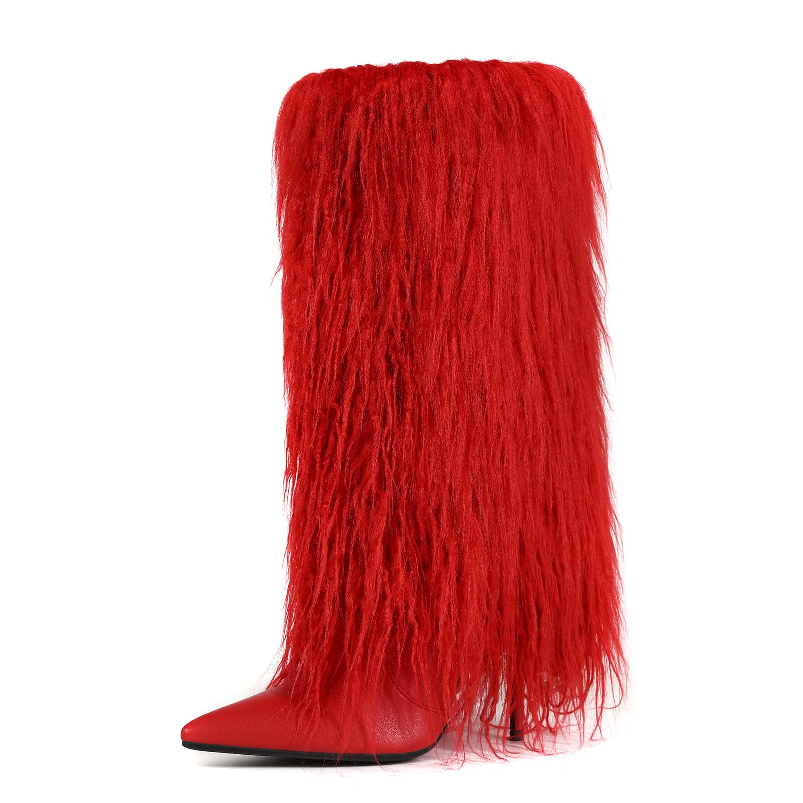 Fur Boots for Women Knee High Foldover Boots with Detachable Long Fur Pointed Toe Stiletto High Heel Tall
