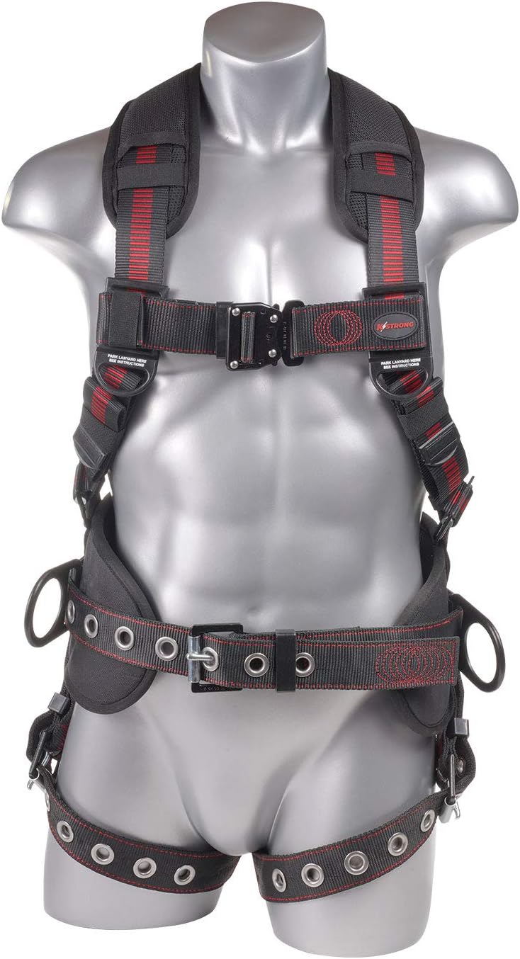 KStrong Harness UFH10332G Kapture Epic+ 5-Point Full Body Harness, Waist Pad w/Removable Tool Belt, Back/Shoulder Pad, Enhanced Dorsal D-Ring, 2 Side D-Rings, QC Chest, TB Legs, ANSI, M-L, Black/Red