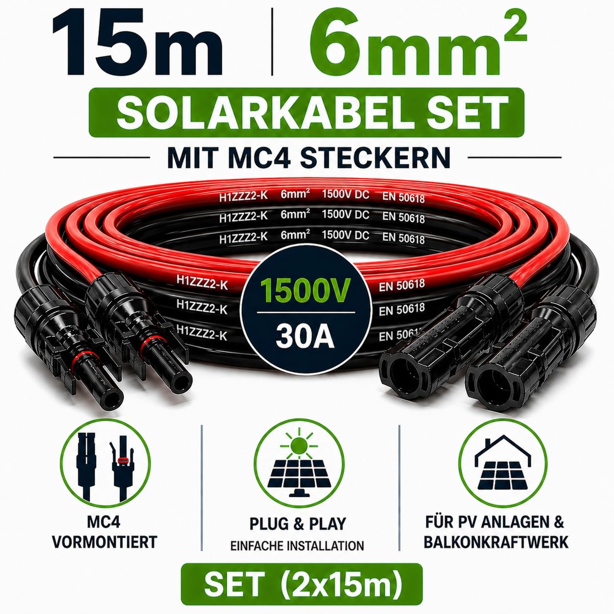 35Fahrenheit Solarkabel 6mm2 PV Kabel 2x15m rot/schwarz Photovoltaik Kabel mit Stecker Solarleitung 6mm2 Balkonkraftwerke