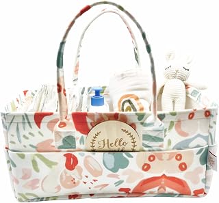 Baby Diaper Caddy Organizer Nursery Basket Set | Nursery Storage Bin and Car Organizer for Diapers and Baby Wipes (Floral)