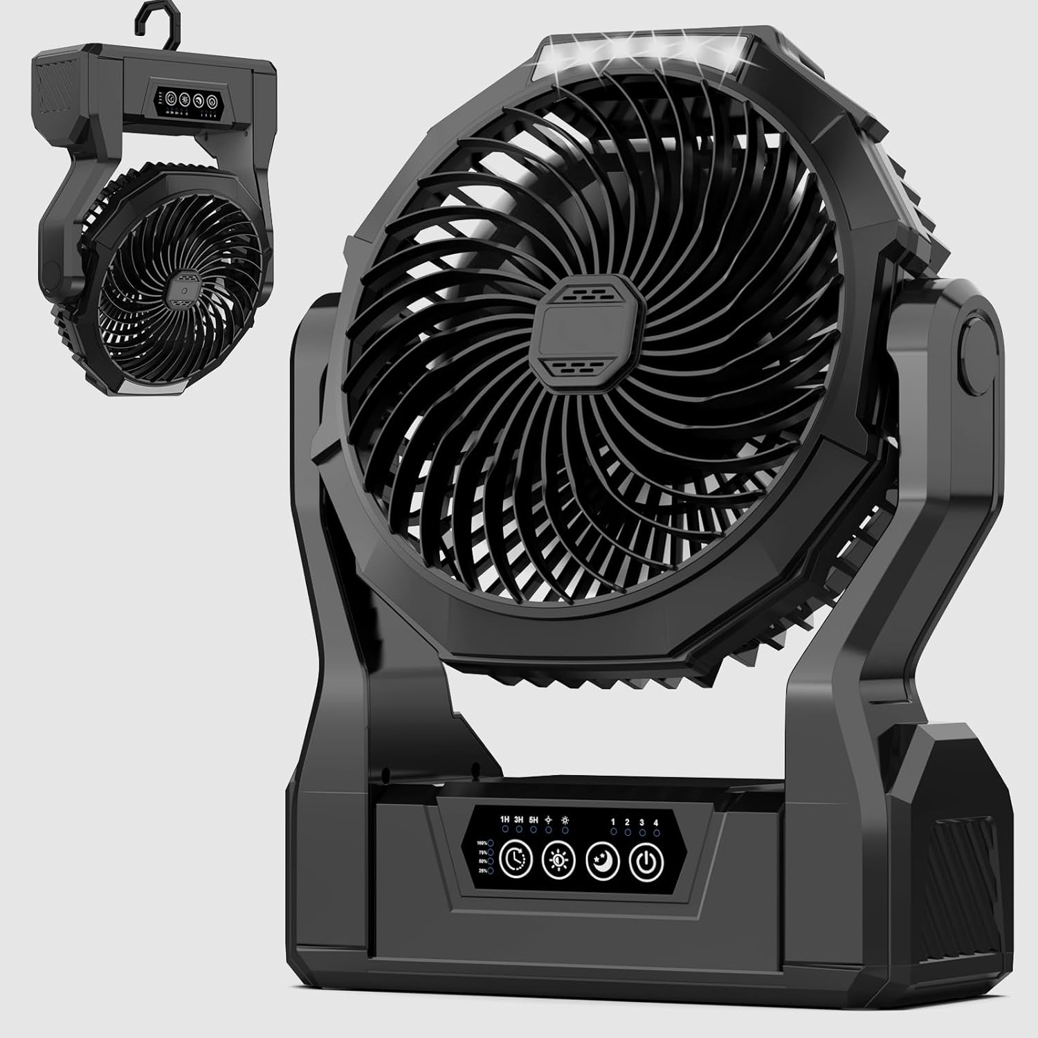 XZK Camping Fan, 20000mAh Rechargeable Battery Powered Fan with LED Lantern, Cordless Portable Tent Fan with Hanging Hook, 4 Speeds 2 Brightness Levels for Home Desk Outdoor - Dark Black