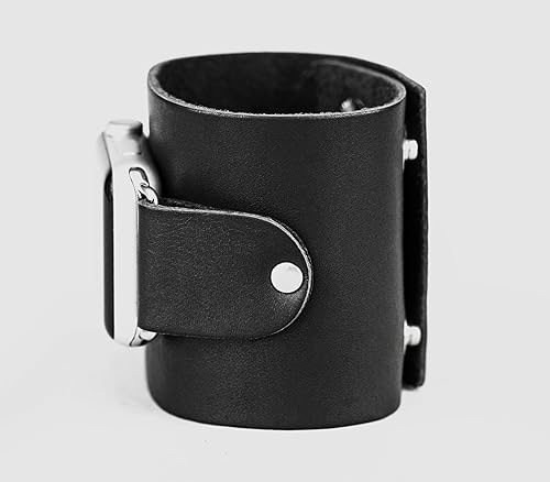 Miniatura 7 de wide Leather cuff band compatible with Apple watch 38mm 40mm 41mm 42mm 44mm 45mm 49mm, Handmade UA 1363 (black + steel + 38mm + 5.5-6.1 in)