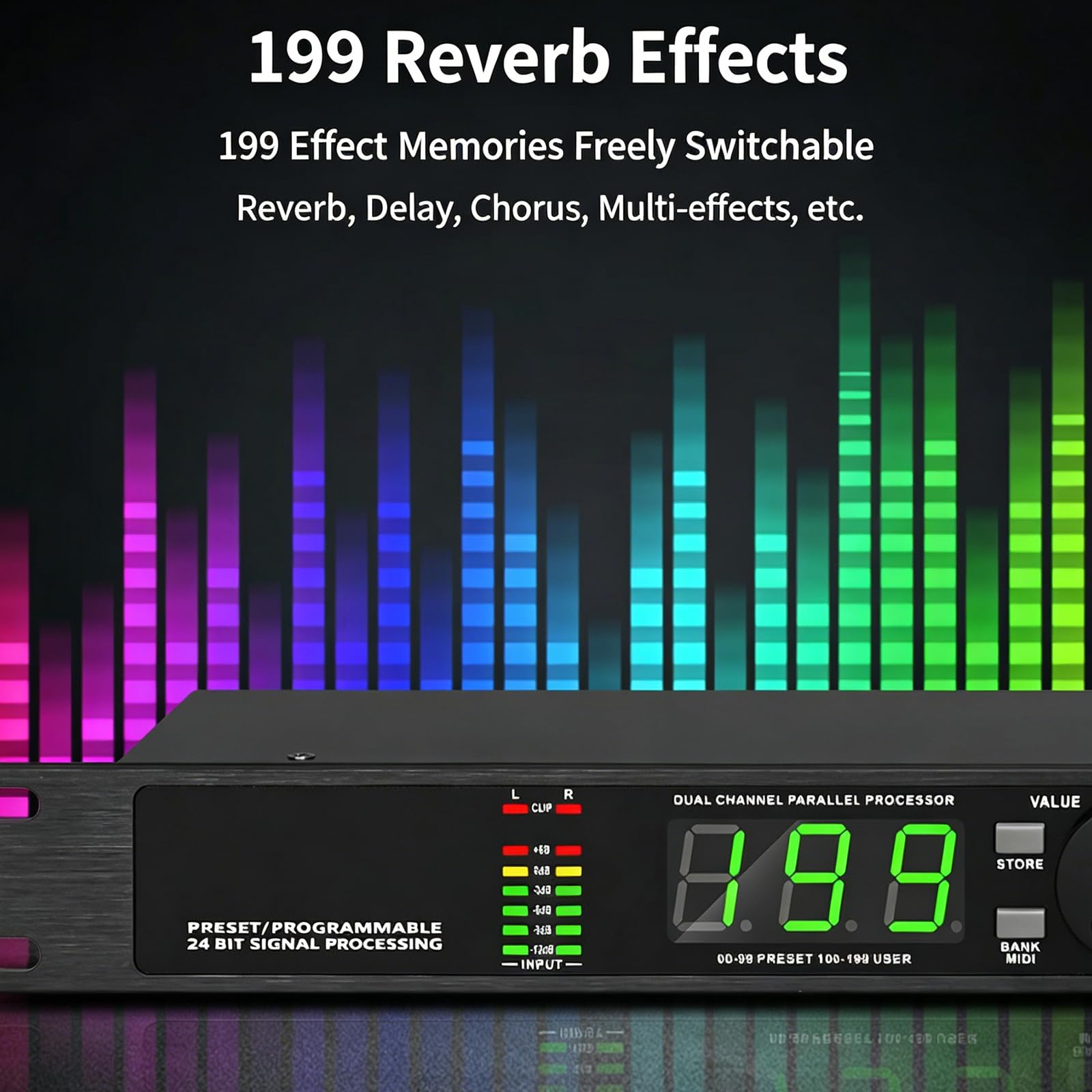 Processore Effetti Audio, Digital Reverb Multi Effect DSP, 199 programmi preimpostati, MIDI I/O, Anti-Feedback Karaoke Sound Processor