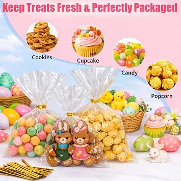 100PCS Clear Cellophane Bags 6x10 inch/15x25 cm for Party Favours, Cookies & Candy Treat Bags Plastic Cello Goodie Bags With Twist Ties, Small Gifts Wrapping for Holiday | Flat gift bags without gusset for cookies, candy, popcorn, party favors and small gifts