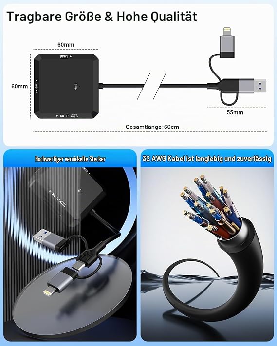 8-in-1 Multi Card Reader USB-C USB-A Lightning 3-Port Connector for SD TF CF MS USBA USBC OTG SD Memory Card Reader Adapter for iPhone17/16/iPad/Android/Mac/PC with Windows/Mac/Linux/Chrome OS