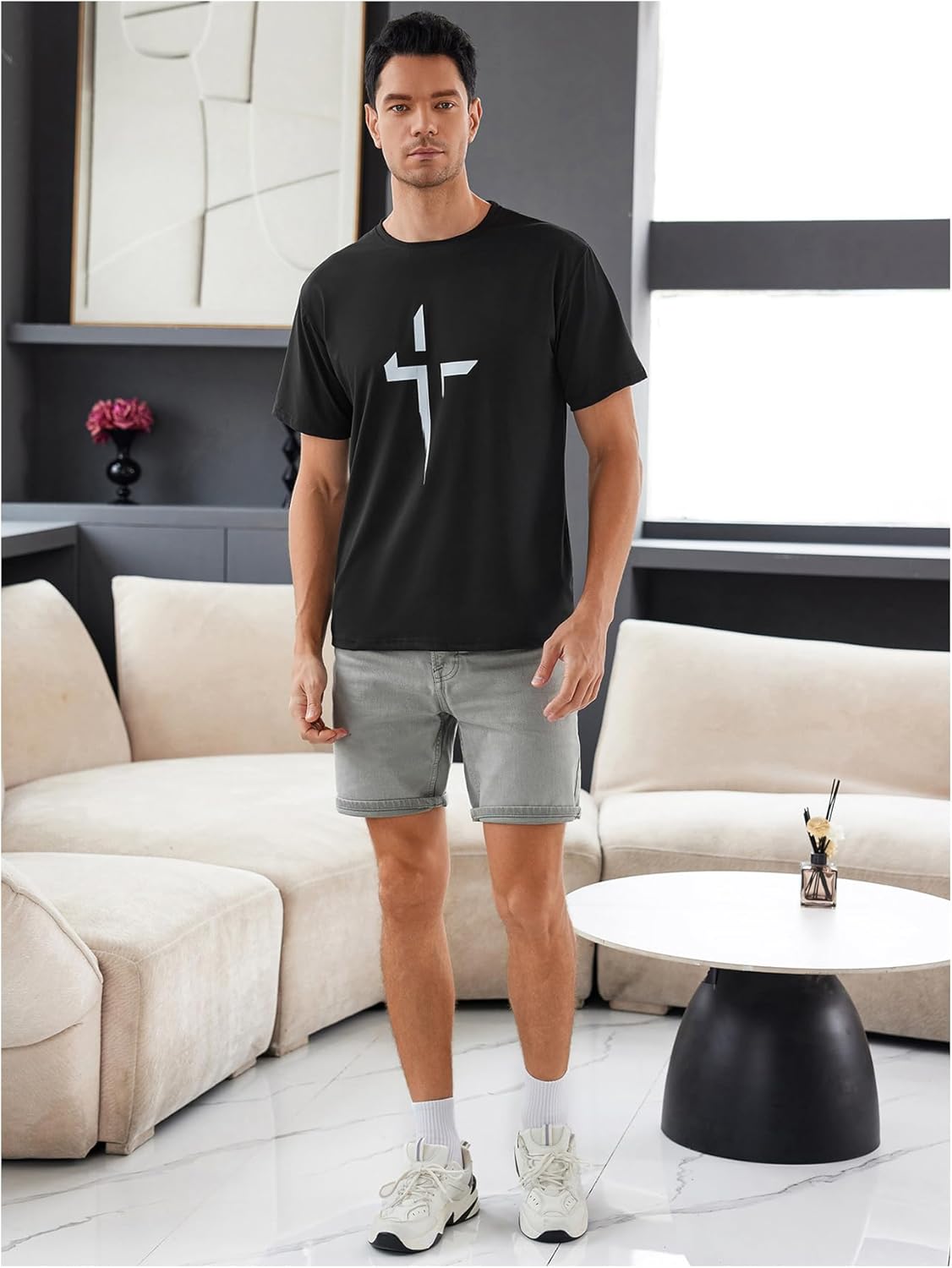 Floerns Men's Summer Causal Cross Graphic Print Short Sleeve T Shirts Crewneck Tee Tops - Image 4