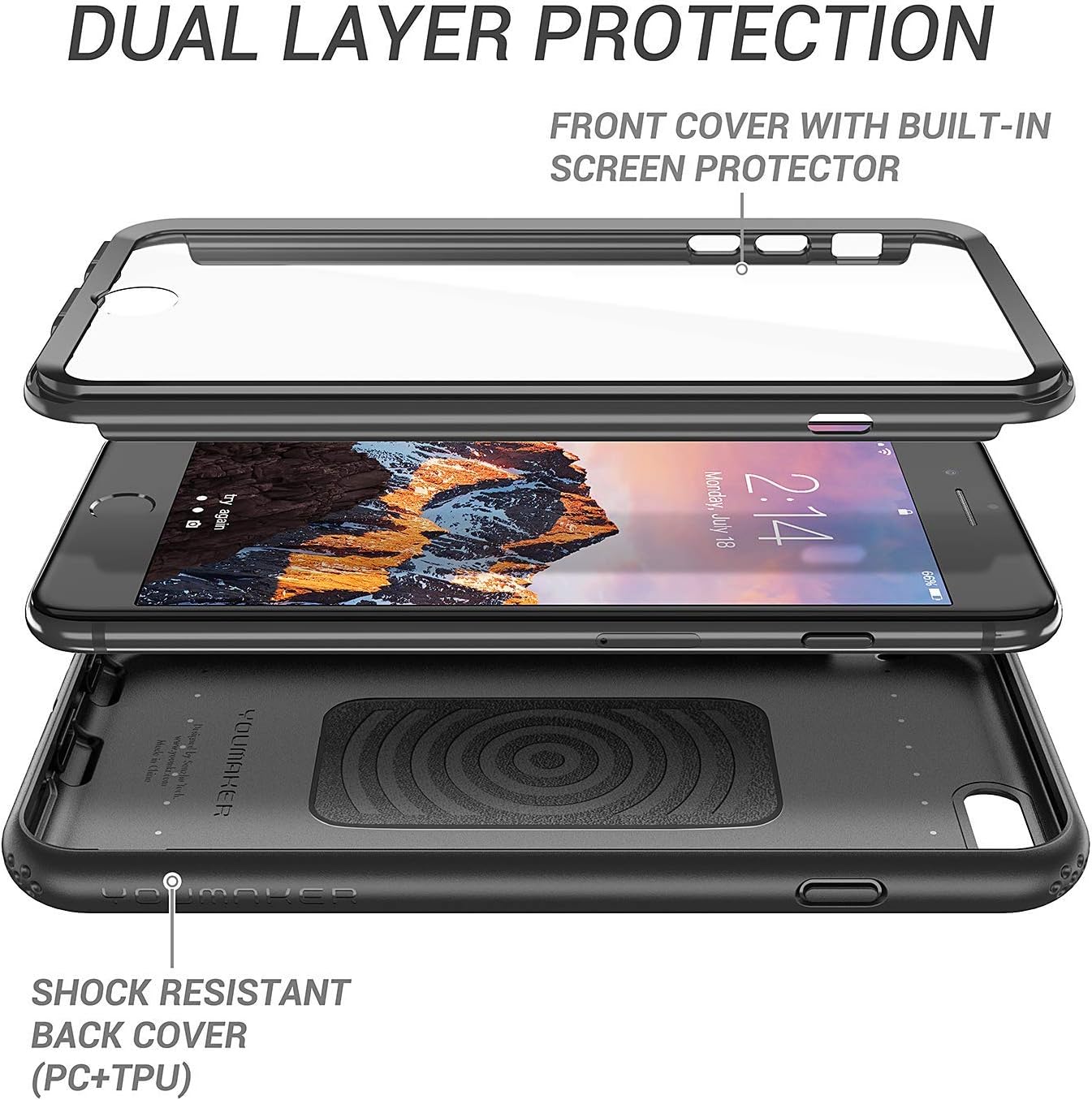 YOUMAKER Case for iPhone 6S Plus, Full Body with Built-in Screen Protector Heavy Duty Protection Shockproof Cover for Apple iPhone 6S Plus / 6 Plus 5.5 Inch - Black/Black