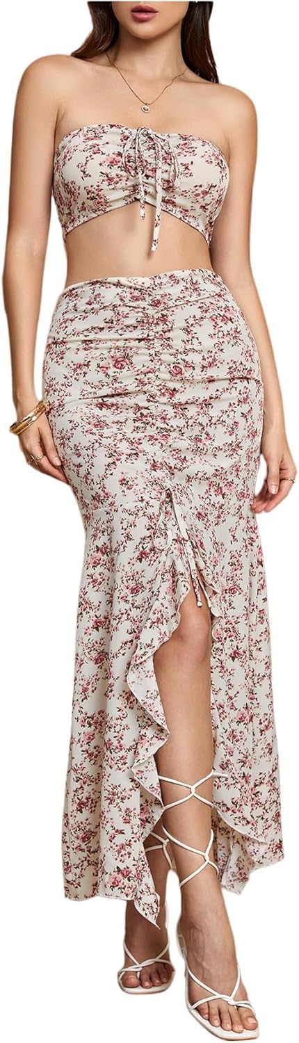 Floerns Women's 2 Piece Outfit Floral Drawstring Cropped Tube Split Maxi Skirt Set