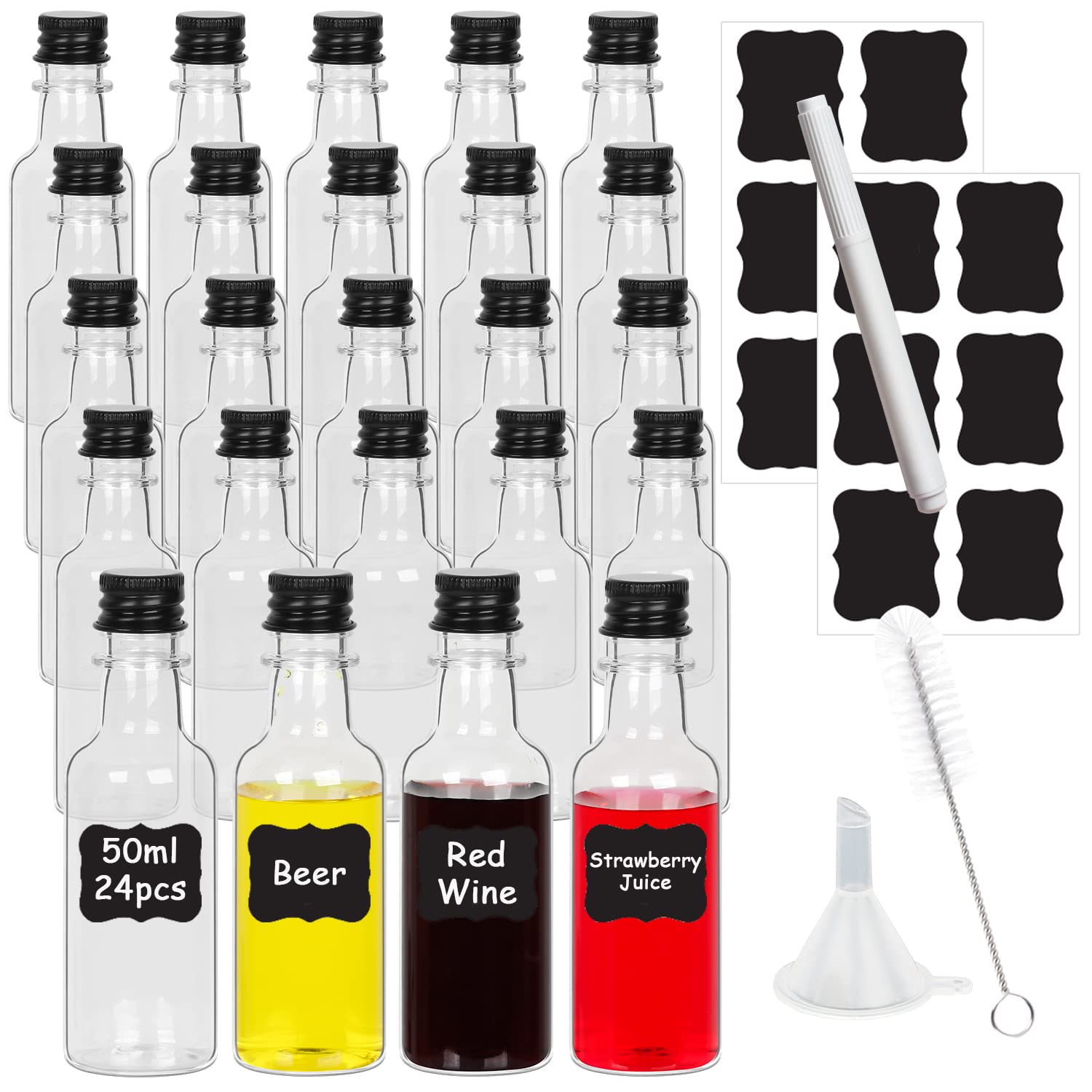 [24 Pack] Miniature Alcohol Bottles 50ml, Small Empty Plastic Bottle With Black Screw Capsfor Sloe Gin Sauce Wine Syrup Oil Liquids, Mini Liquor Shots Bottles With Funnel Labels