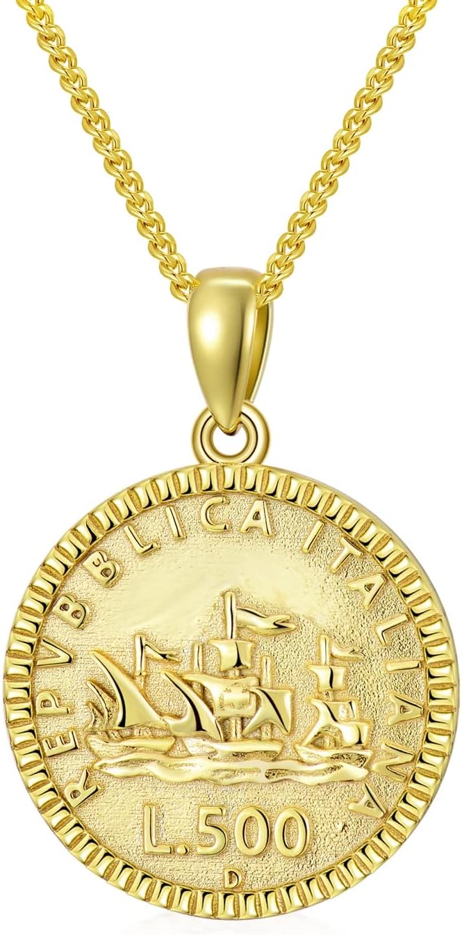 925 Sterling Silver 500 Lira Italian Coin Necklace 18K Gold Plated Pendant Birthday Present for Her Wife Grandmother - Image 3