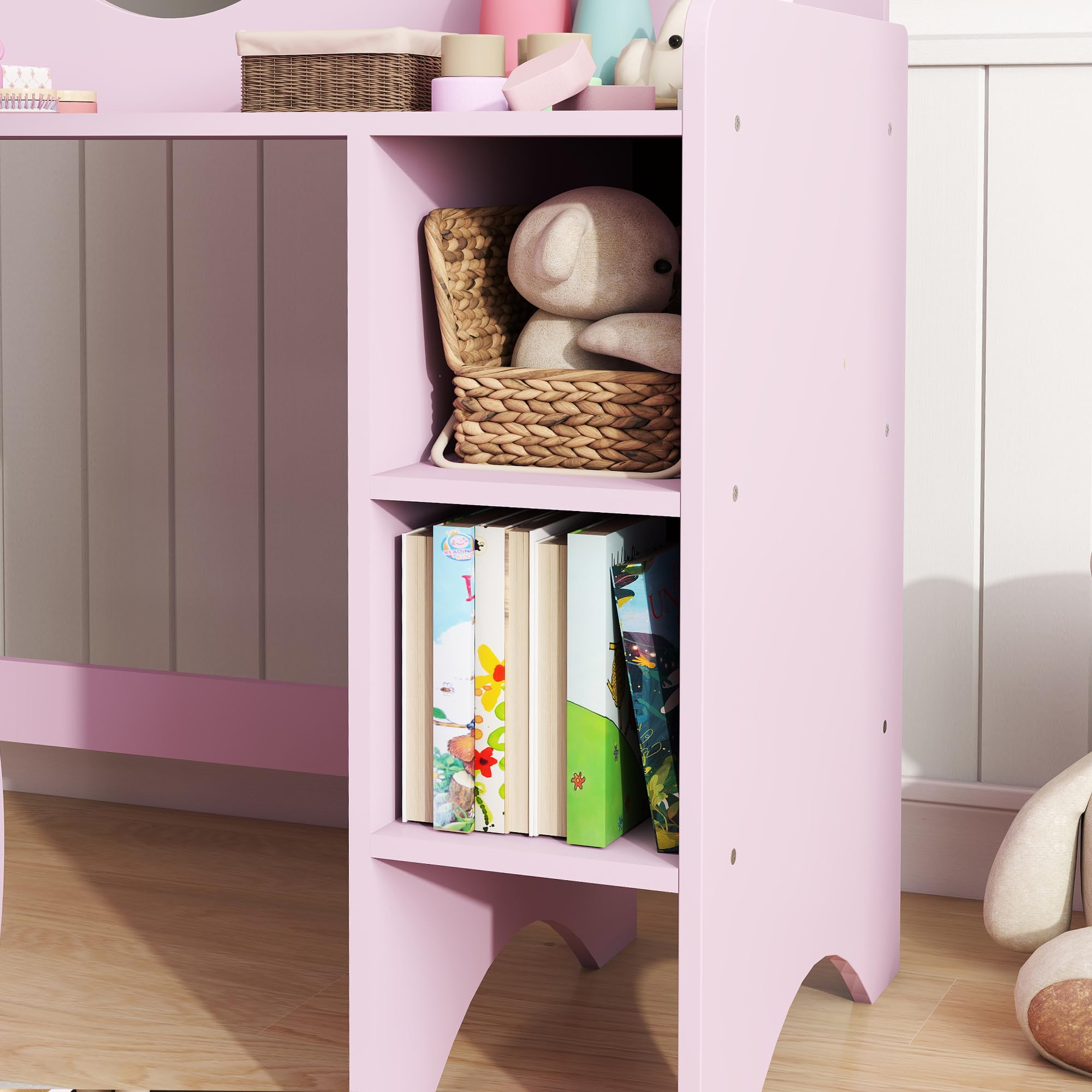 AIYAPLAY Tocador de Maquillaje Niña, 2 en 1, Escritorio, Tocador Infantil con Taburete, Espejo en Forma de Flor, Estantes Abiertos, para Niños +3 Años, Morado