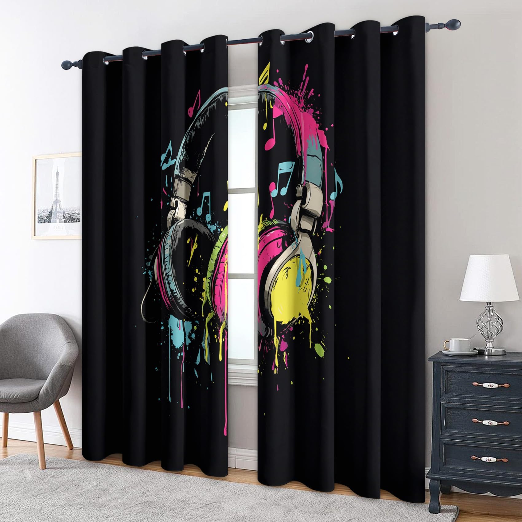 Tende oscuranti con cuffie e graffiti, 72,5 x 245 cm (LxA), Tende con stampa di musica hip hop, per camera da letto di ragazzi e ragazze, soggiorno, 2 pannelli