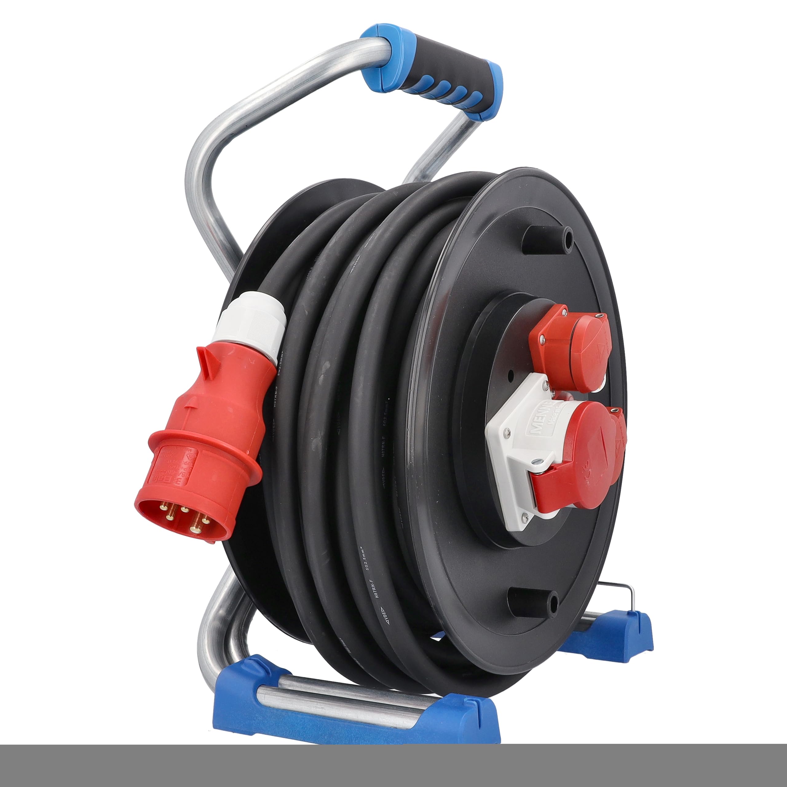 as - Schwabe Xperts enrouleur de câble CEE 25 m H07RN-F 5G1,5, IP44 extérieur avec 2 prises avec terre, 1 prise CEE 400 V 5 pôles, protection thermique, Made in Germany