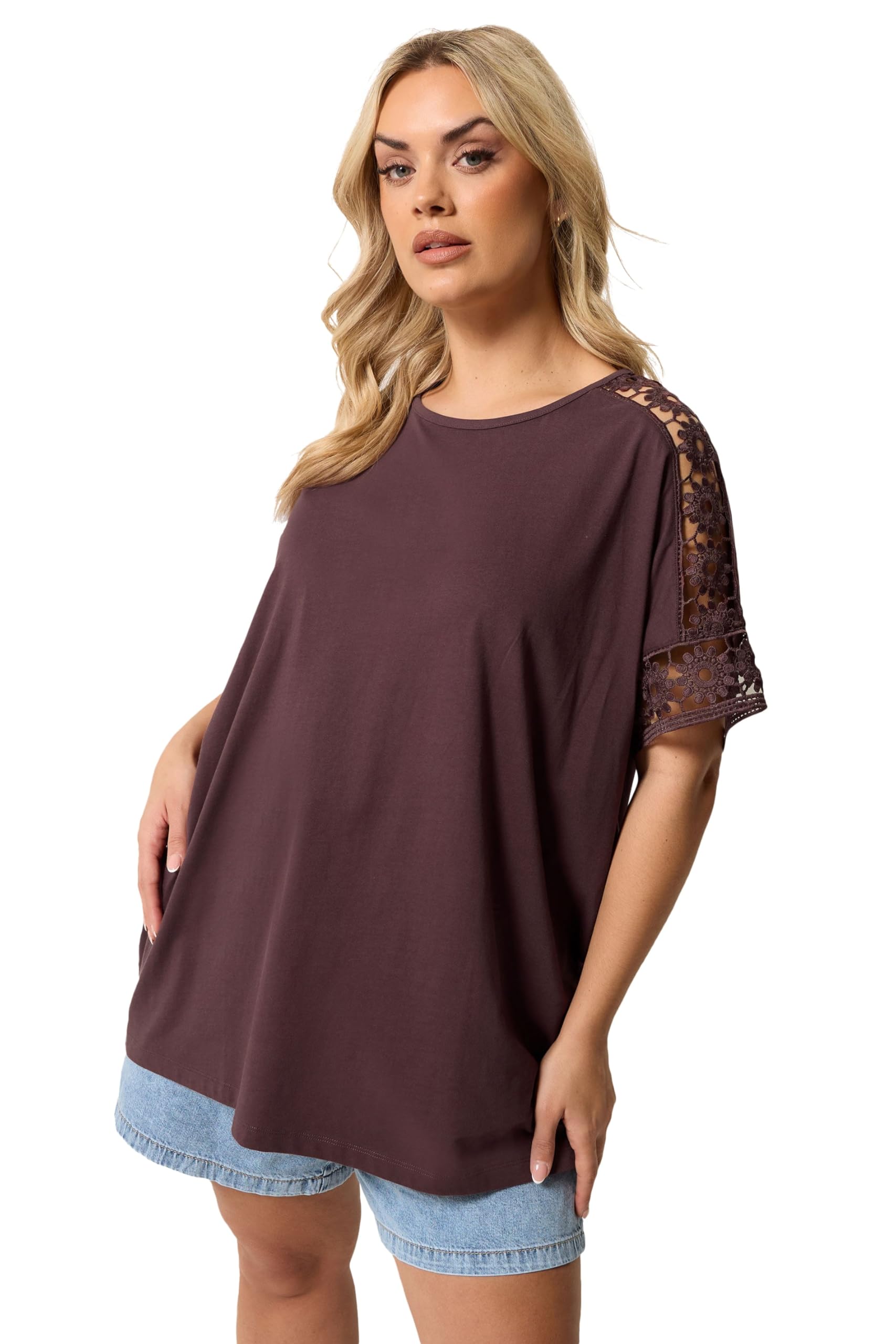 Yours Women's Chocolate Curve Brown Crochet T-Shirt - Plus Size Curve