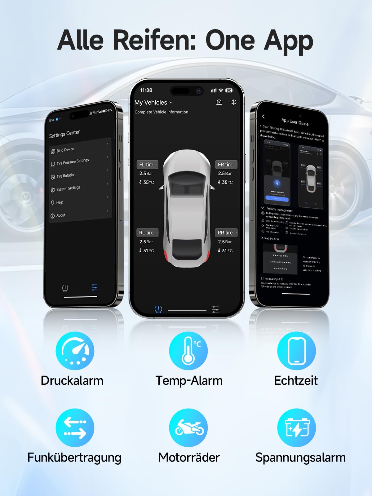 Moman Motorrad TPMS 4 Sensoren Reifendruck-Kontrollsystem mit App, Reifendruck & Temperatur Monitor mit Alarmfunktion, Nur iOS & Android Kompatibel