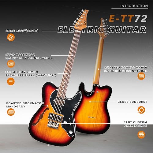 Miniatura 2 de EART E-TT72 Guitarra eléctrica de cuerpo semihueco de 6 cuerdas, capacidad de juego versátil, potentes pastillas Humbucker guitarras de puente fijo