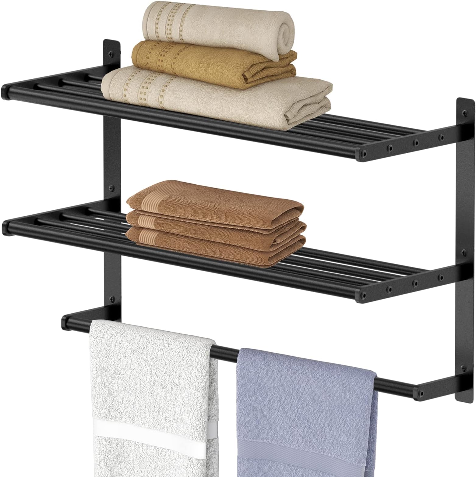 Hotel Towel Rack with Tower Bars, BETHOM Towel Racks for Bathroom Wall Mounted, 3-Tier Towel Shelf for Bathroom, 23.6 Inch Bathroom Shelf with Towel Bar, Lavatory Towel Organizer, Black