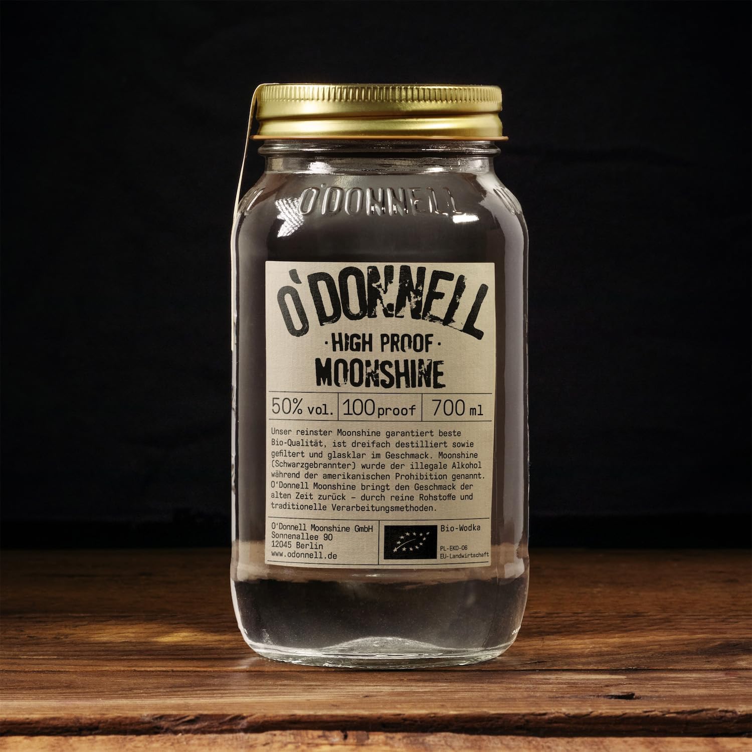 O’Donnell Vodka High Proof – 700ml Moonshine BIO-Vodka mit 50% vol. & dreifacher Destillation – Starker, glasklarer Charakter für echte Moonshiner – Made in Berlin