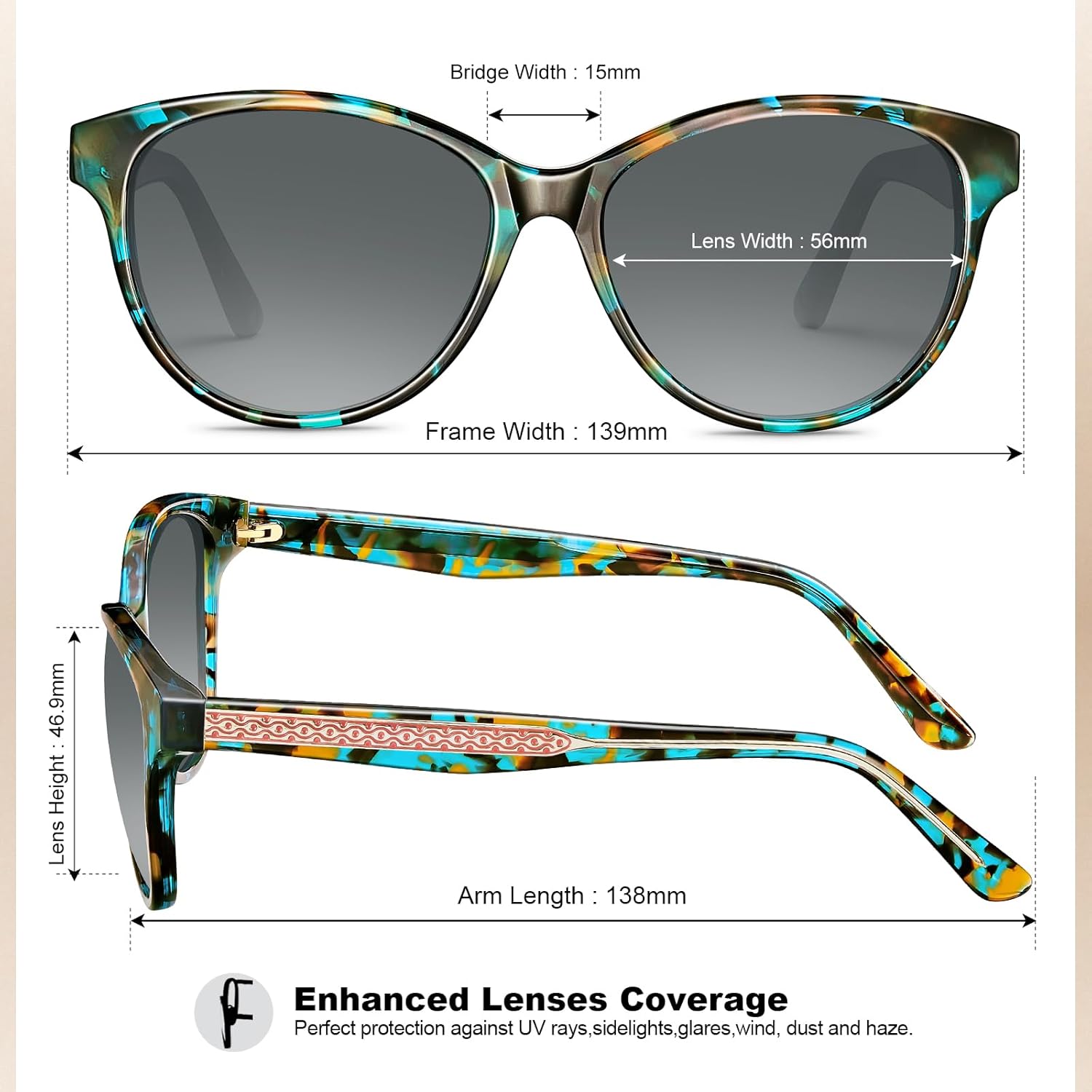 CARFIA Cateye Polarized Sunglasses for Women UV Protection, Italy Handcrafted Acetate Frame with Embossed Pattern Wire Core - Image 3