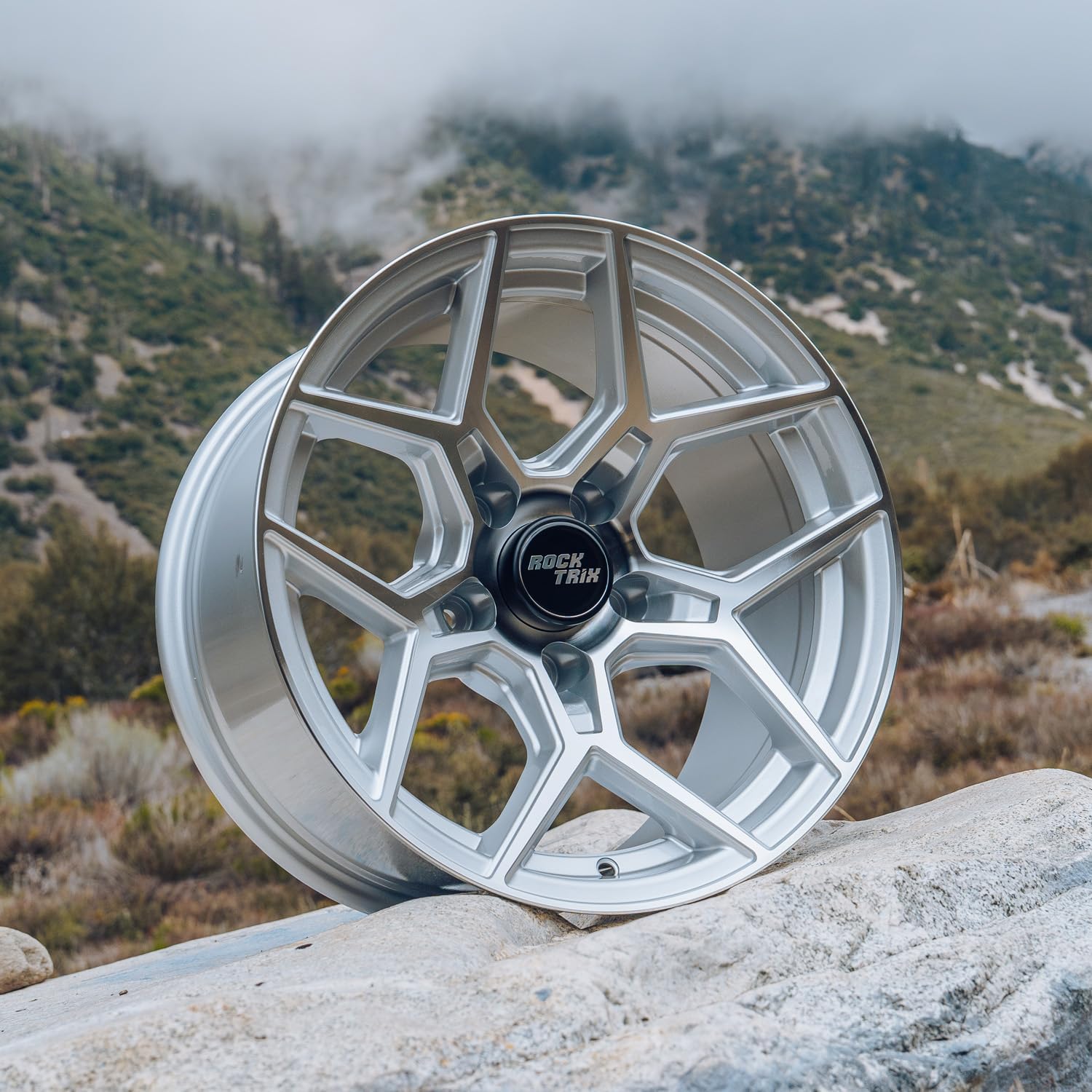 RockTrix RT105 17 inch Wheel Compatible with Jeep Wrangler JK JL 17x9 5x5 Wheels (-12mm Offset, 4.5in Backspace) 5x5 PCD, 71.5mm Bore, Machined Silver Wheels, Also fits Gladiator JT Rims