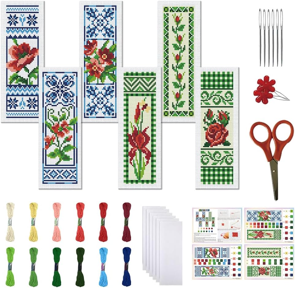 FREEBLOSS 6 Set Cross Stitch Bookmark Kits 11CT Vintage Floral Pattern Stamped Cross Stitch Kit for Beginners with Instructions Embroidery Bookmark Making Kit for Adults 8x2.4inch