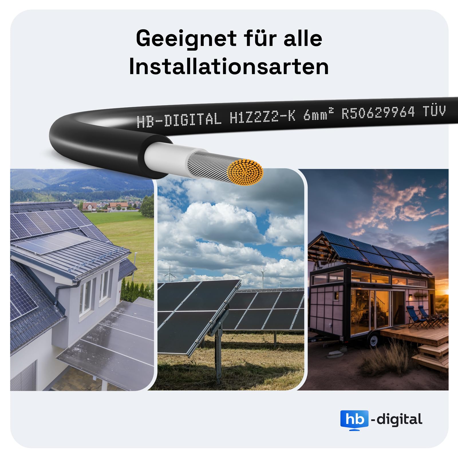 HB-DIGITAL 50m Solarkabel 6mm² H1Z2Z2-K inkl. 0% MwSt. gem. § 12 Abs. 3 UStG - TÜV Rheinland Zertifiziertes Flexibel UV PV Kabel Reines Kupfer 1500V DC für Solarpanel - Schwarz