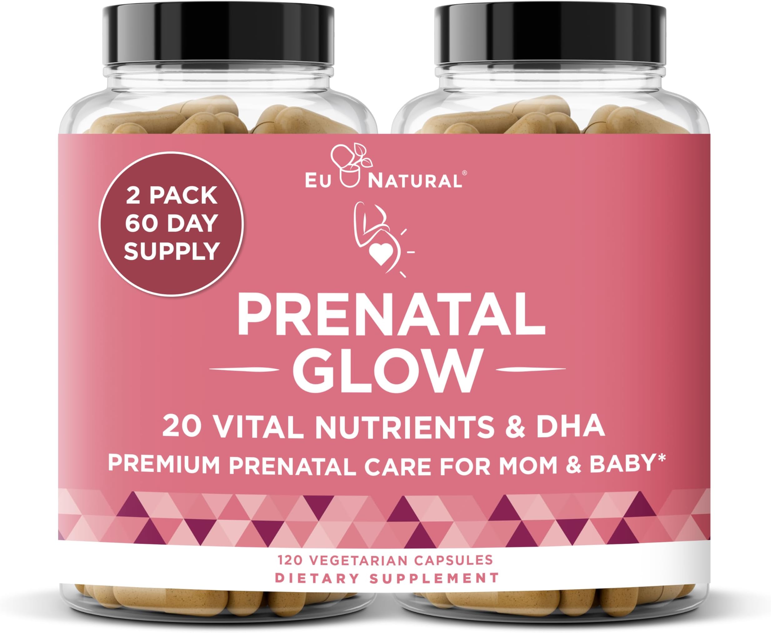 Glow Prenatal Vitamins for Women - 20-in-1 Prenatal Multivitamin with Folate & Vegan DHA - Supports Healthy Pregnancy, Fetal Development & Mom’s Comfort - 120 Vegetarian Capsules