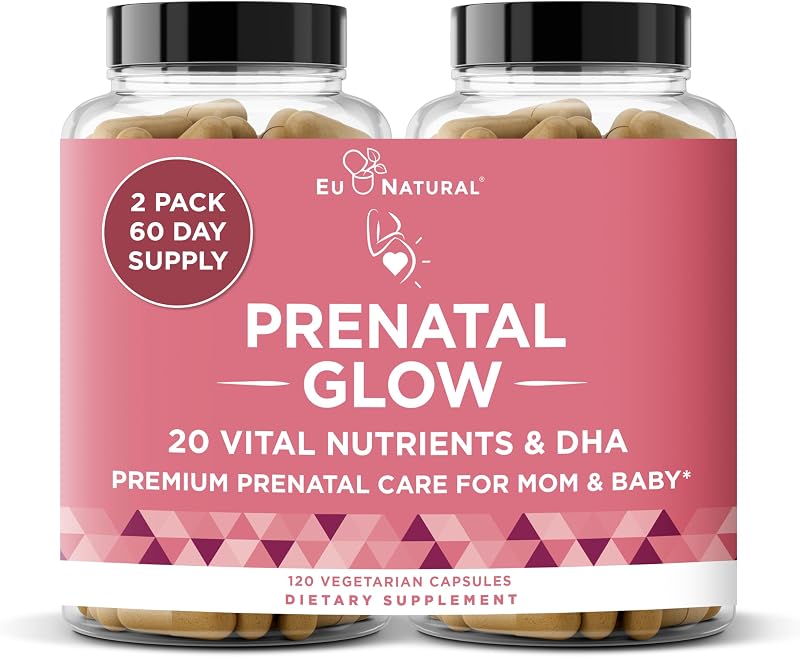 Glow Prenatal Multivitamin with Folate & Vegan DHA, 120 Vegetarian Capsules | 20-in-1 prenatal supplement with iron to support healthy pregnancy, fetal development & mom's comfort