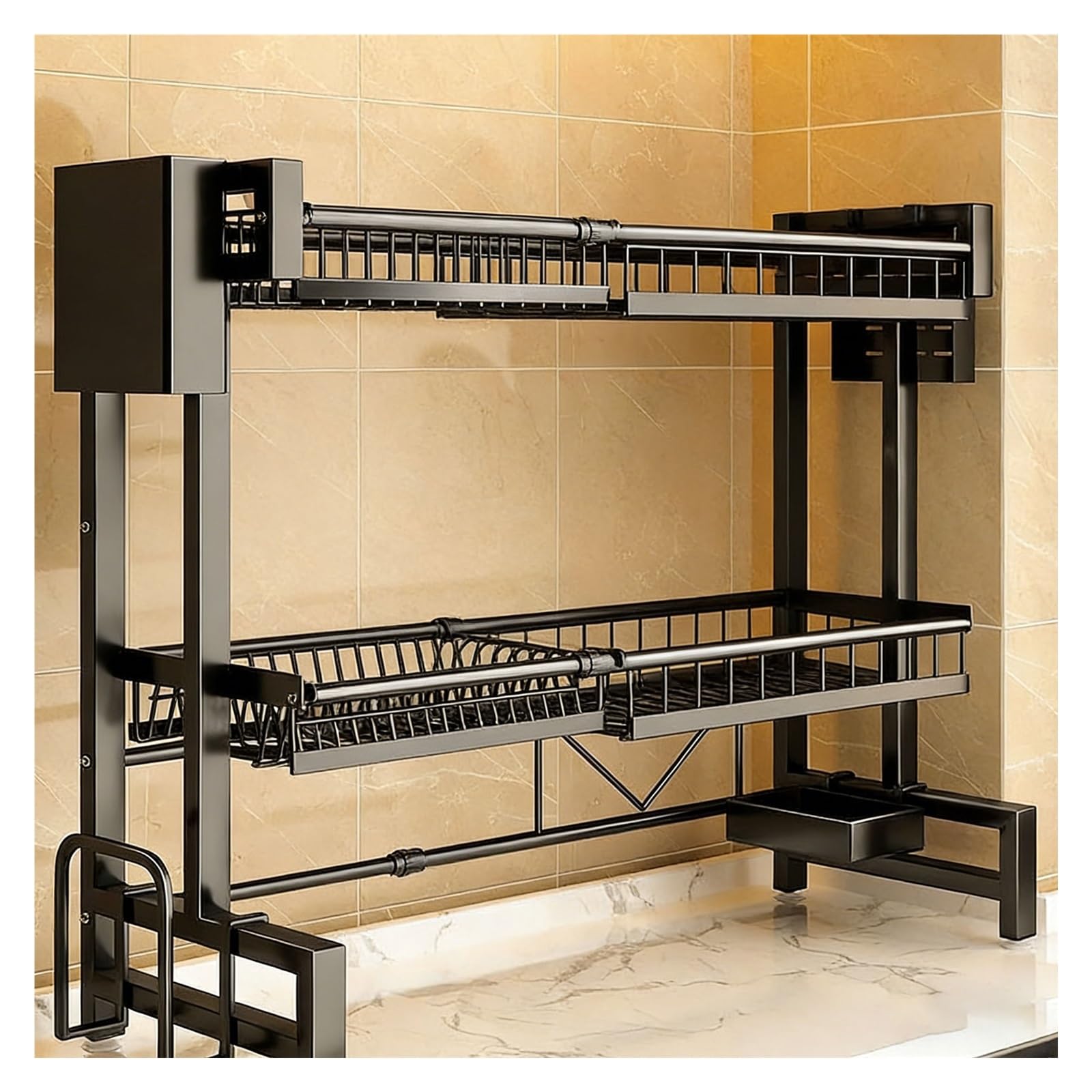 2 Tier Over Sink Dish Rack con Stazione di drenaggio Regolabile e portautensili Cucina di Grande capacità per soluzioni di Risparmio di Spazio e stoccaggio