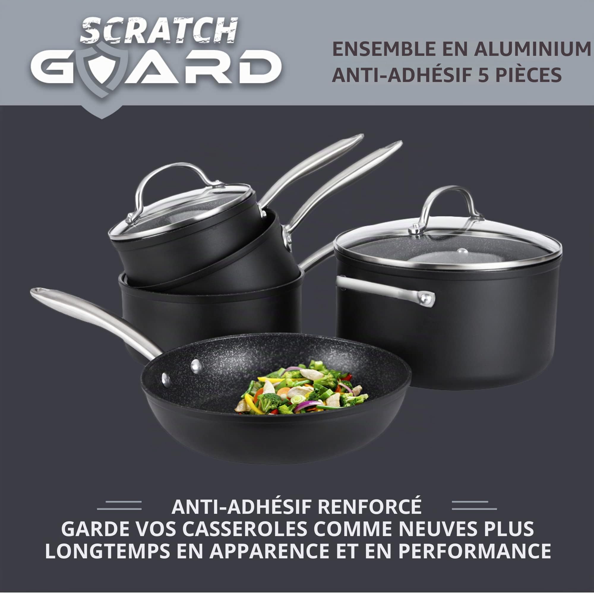 Prestige Batterie de cuisine anti-rayures en aluminium, 5 pièces, noir