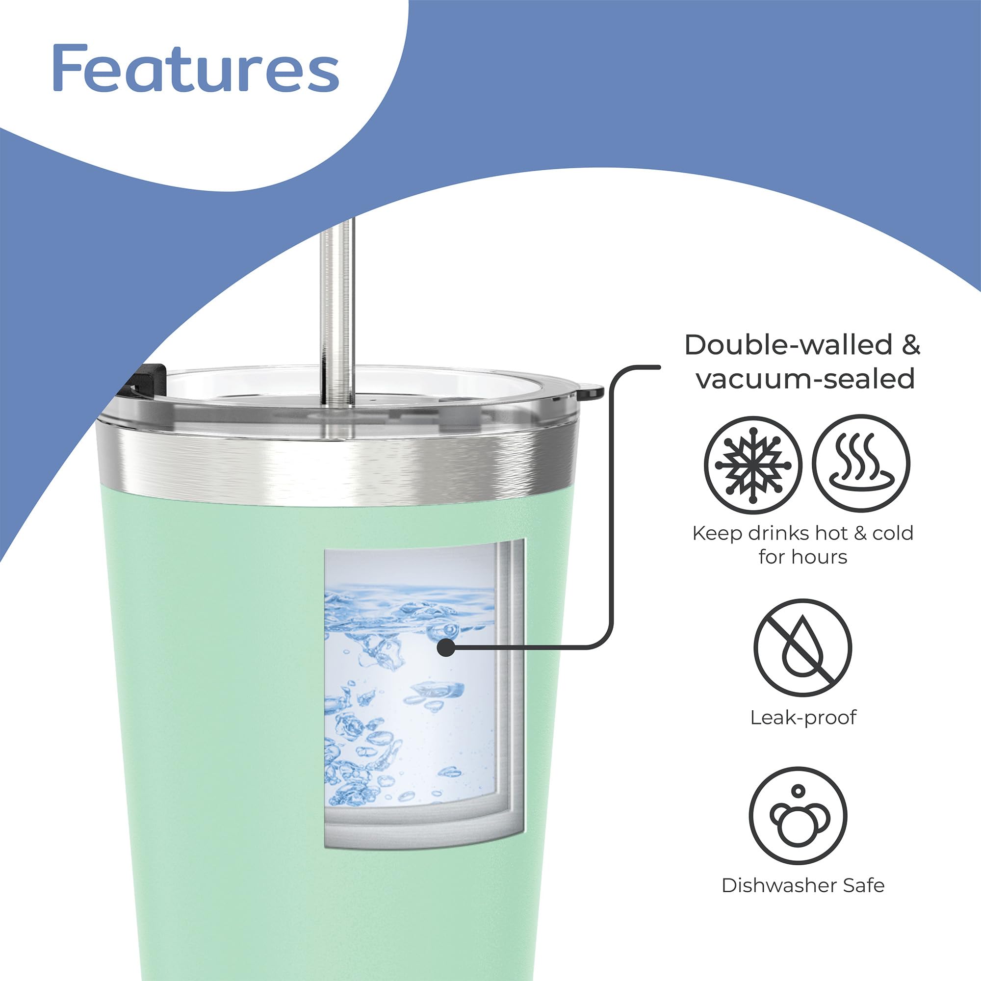 BOZ Tumbler, Tumbler with Lid and Straw, Insulated Tumbler Cup, Cups with Lid and Straw, Stainless Steel - Image 3