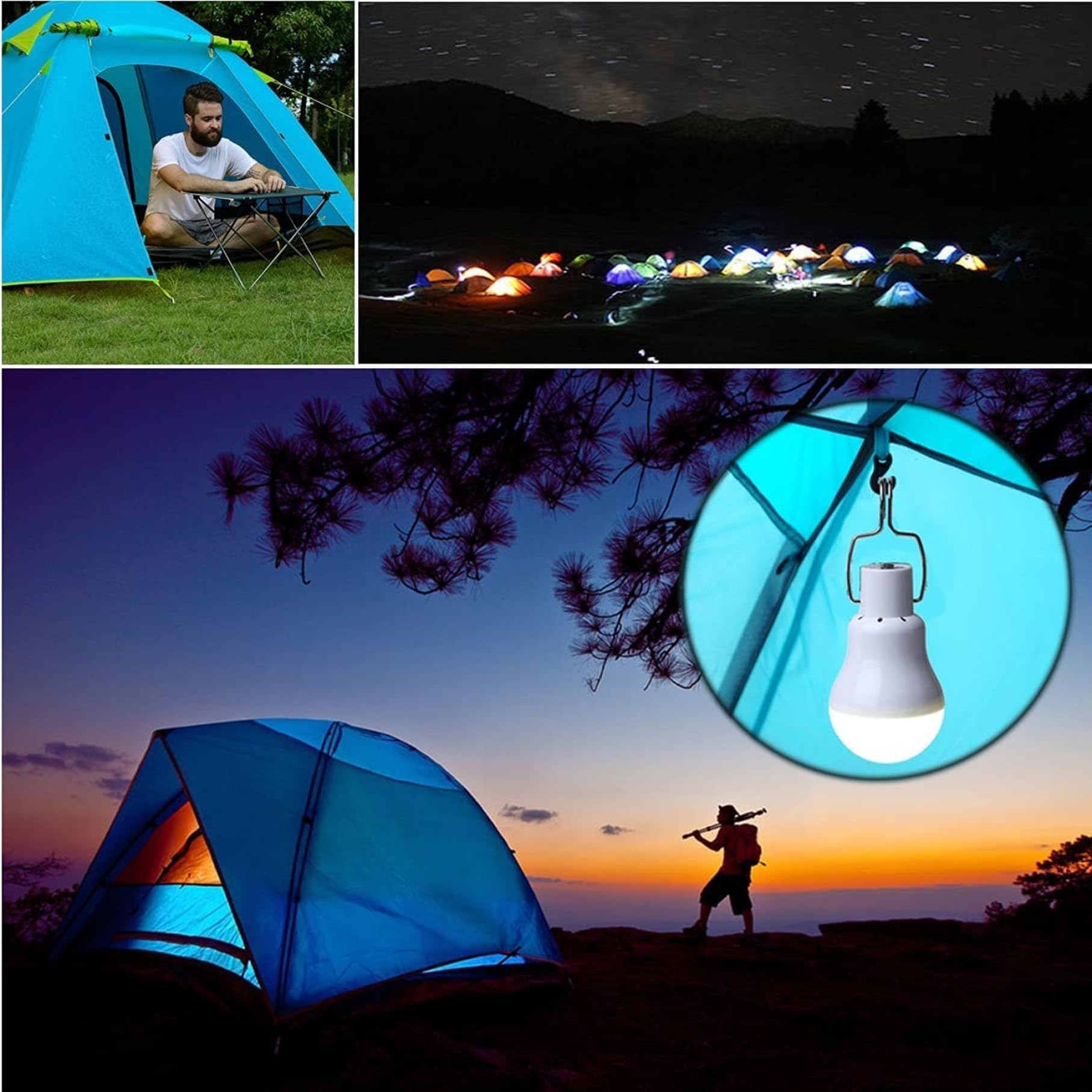 NIDONE Lampadine solari da 2 pezzi per esterni, luci solari portatili con pannello e telecomando, lampadine ricaricabili tramite USB con gancio per tenda da campeggio di emergenza