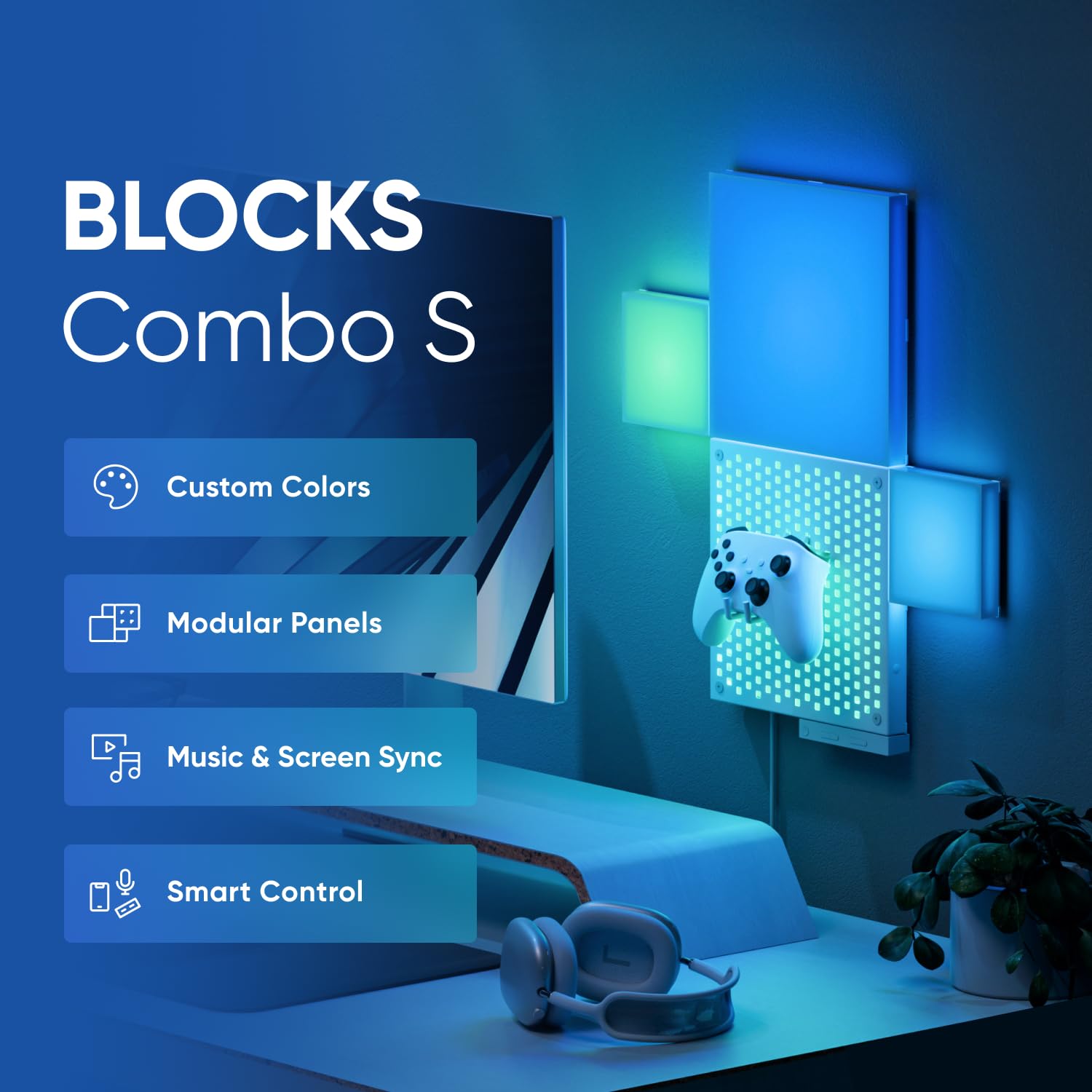 Nanoleaf Blocks LED Lights, Smart Light Panels Square WiFi LED Wall Lights with Music Sync, Wall Decor Lights Smart Kit Compatible with Alexa, RGBW, Light Panels for Gaming Room (9 Panels + 1 Shelf)