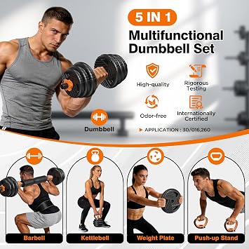 Adjustable Dumbbell Set, 33/44/66/88lbs Free Weights Set with Connector, 5 in 1 Weights Dumbbells Set Used as Barbell, Kettlebells, Push up Stand, Weight Plate, Fitness Exercise for Home Gym Workout