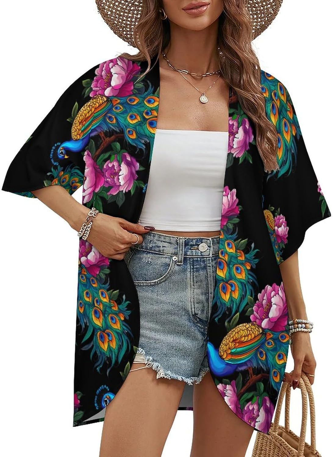 Beautiful Blue Peacock Peony Women's Open Front Cardigan Short Sleeves Jacket Lightweight Sweaters Tops
