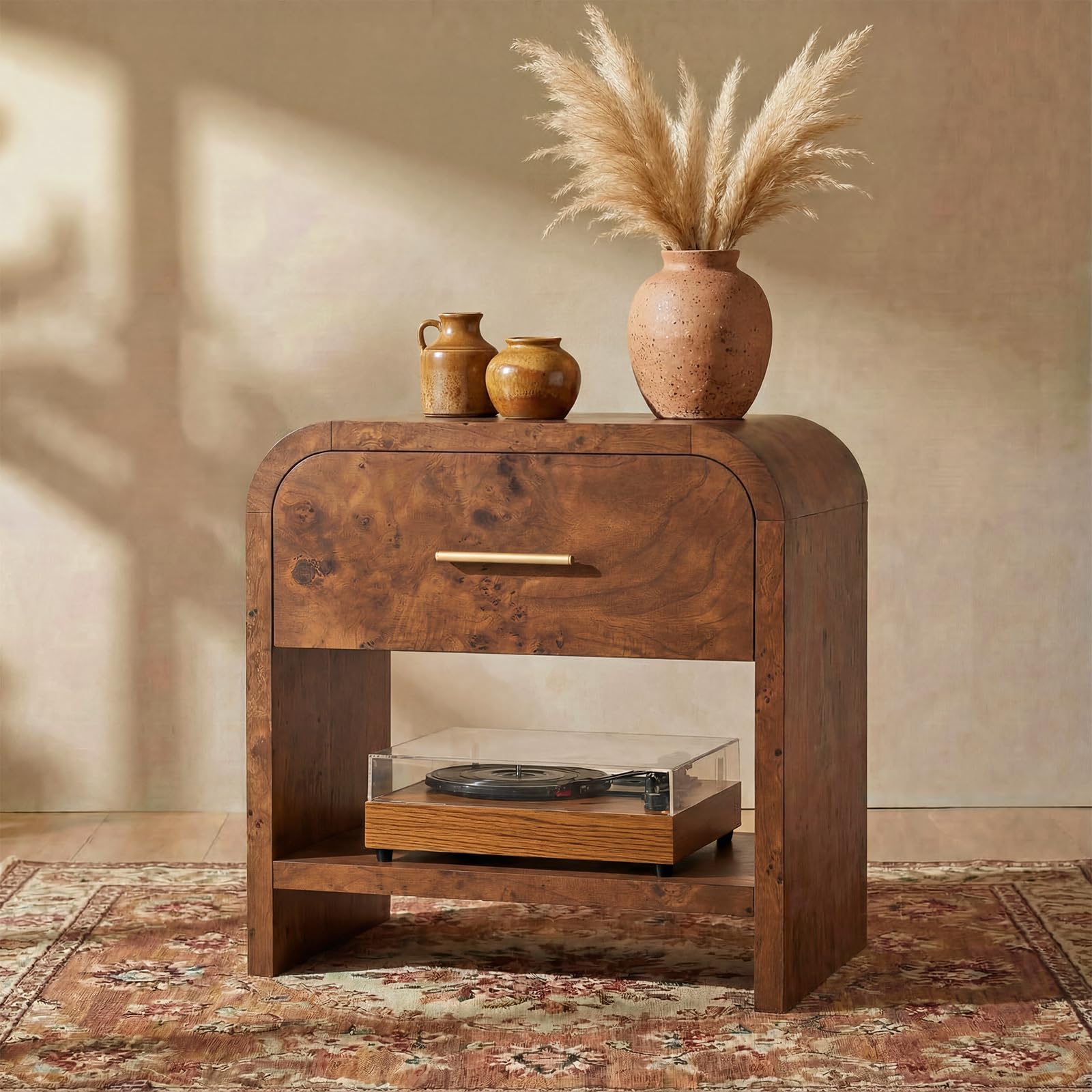 EliteSet Night Stand [Unique Curved Profile] [FSC-Certified Wooden Board] 1-Drawer and 1 Storage Shelf Nightstand 24" H Metal Handle Modern Bedside