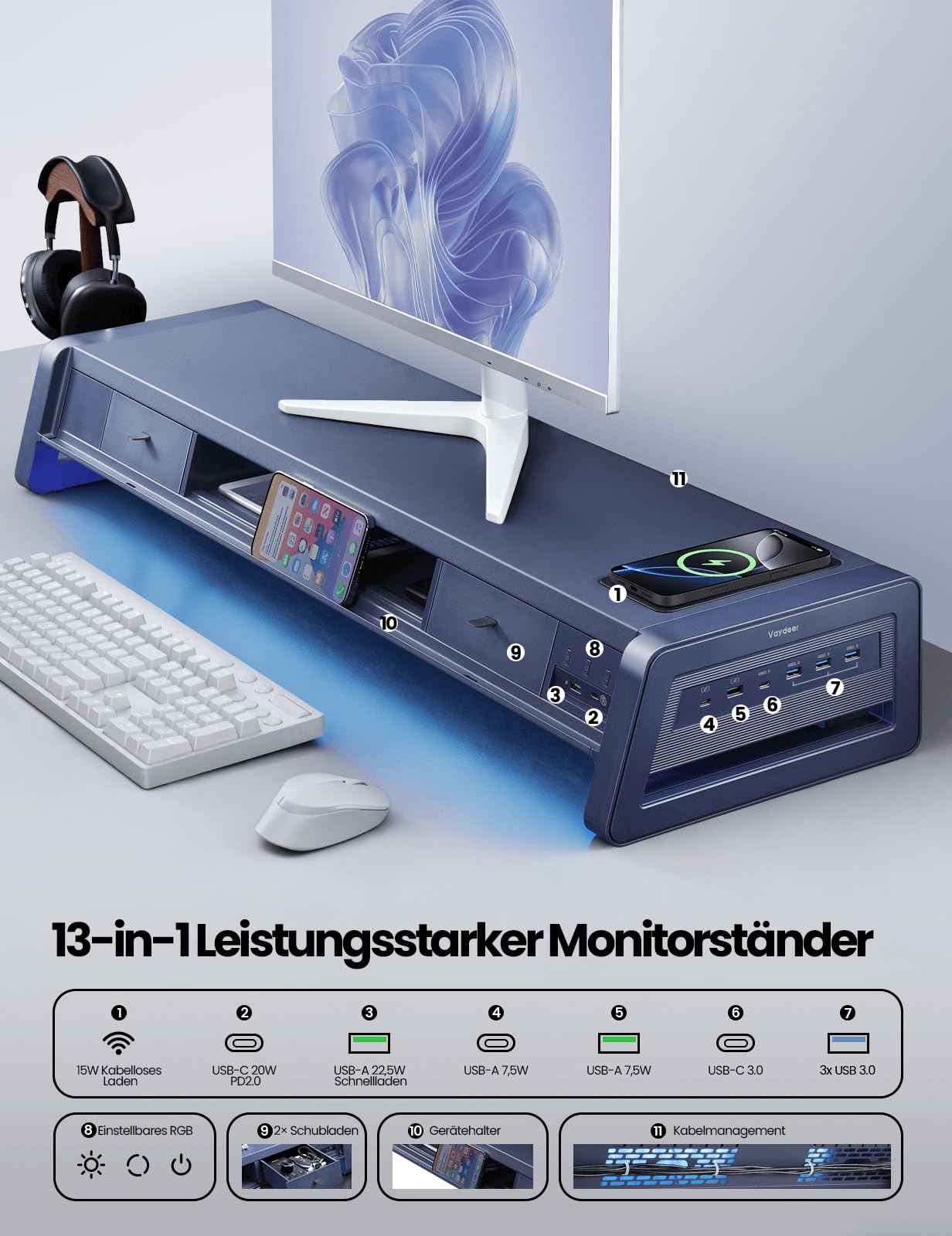 VAYDEER Monitorständer 2 Monitore Bildschirm Stand [Multi-USB] [Handy-Ständer] [Schublade] [Kabel Organizer] [4 LED Modi] Schreibtisch Erhöhung Zubehör Tischaufsatz für Laptop Computer 50kg (Weiß)