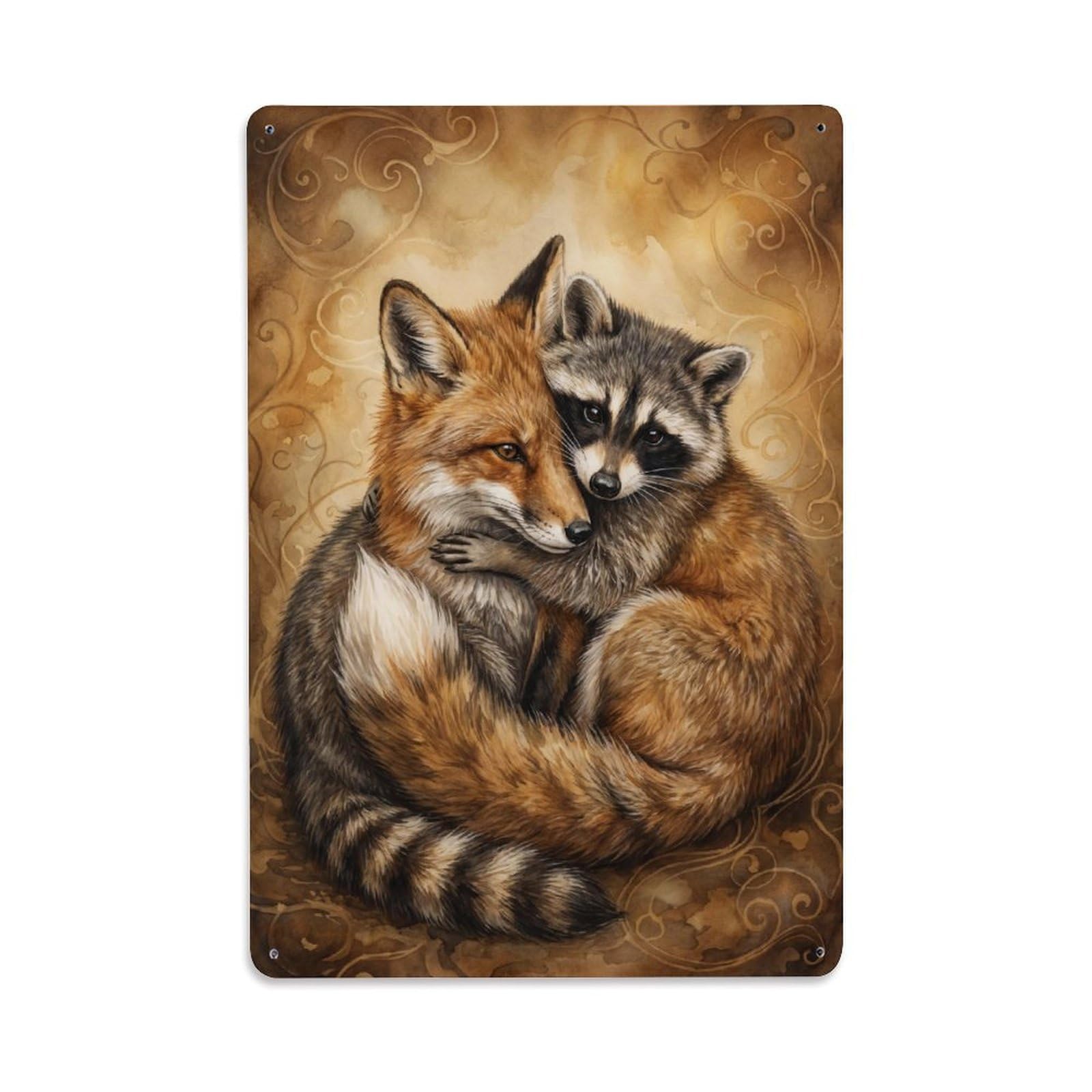 Vintage Animal Cute Fox & Raccoon Animal Friendship Metal Tin Sign