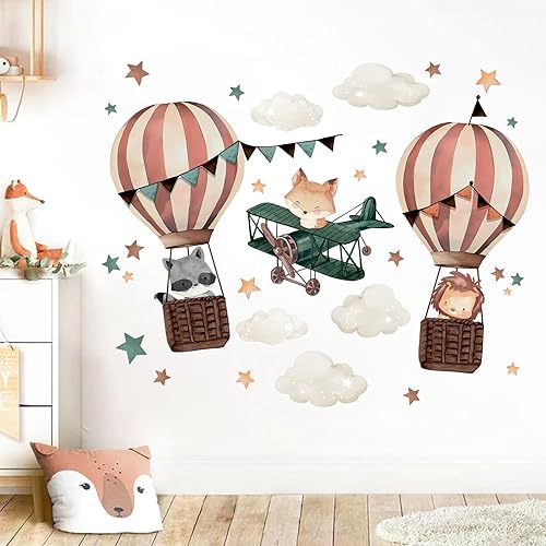 Miniatura 6 de Yovkky Calcomanías de pared de globo aerostático para avión, lindos animales, aviones, león, zorro, mapache, nube, estrellas, neutro, decoración de