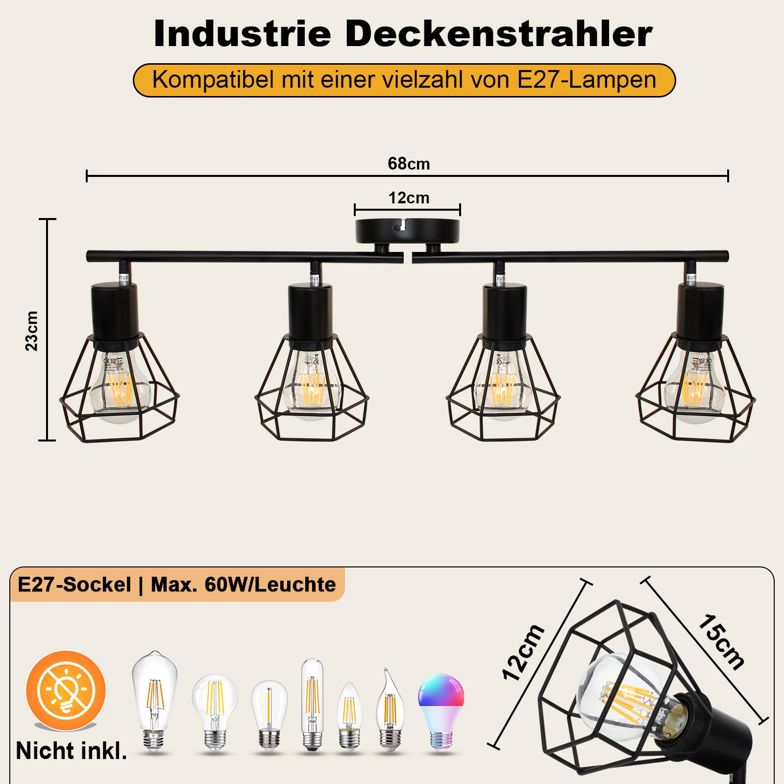 Deckenstrahler 4 Flammig E27 LED Deckenlampe Schwarz | Metall, Vintage, Schwenkbar 350°, Küchenlampe mit Lochmuster-Schirm, Wohnzimmerlampe für Küche Gewerbe, Ohne Leuchtmittel