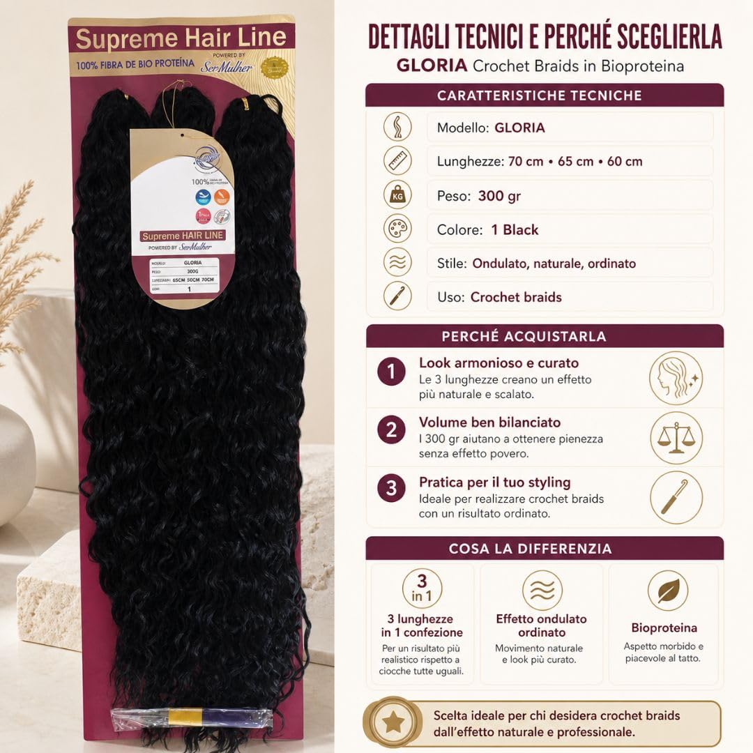 Extension Capelli per Crochet Braids in Bioproteina, Effetto Ondulato, 300gr - Texture 100% Naturali, per Hair Styling Ondulati e Ordinato, 3 Lunghezze 70, 65, 60cm, GLORIA (Brown/Honey Blonde Meches)